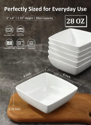 Vista 2 de Tazones de sopa de porcelana, cuencos cuadrados de cereales de 28 onzas, juego de 6