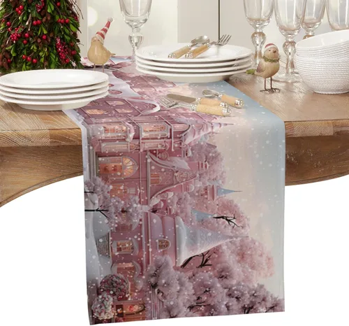Vista 2 de Camino de mesa navideño de algodón y lino de 36 pulgadas, castillo de Navidad rosa, copo de nieve, decoración de invierno de temporada, caminos