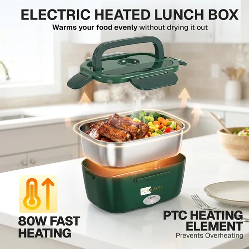 Vista 2 de Fiambrera eléctrica FORABEST, lonchera eléctrica de 80W para adultos, calentador de alimentos portátil con contenedor de acero inoxidable de 1.5L