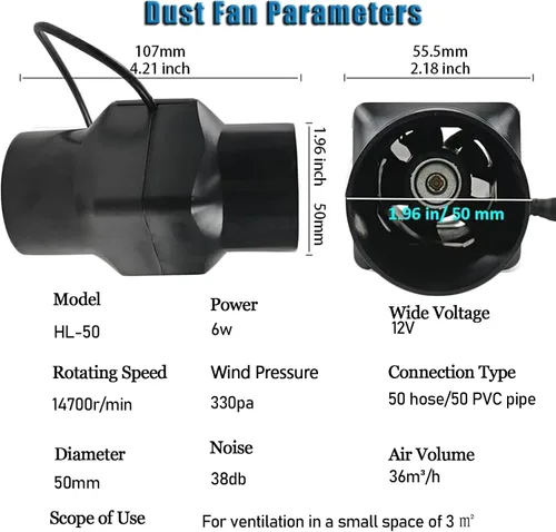 Vista 2 de 2 Inch Inline Duct Fan with Speed Controller 12V 6w Air Cooling Exhaust Blower for Grow Tent Ventilation System Hydroponics,Black