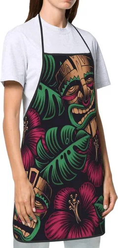 Vista 3 de Tiki - Delantales impermeables para chef, delantales para mujeres, hombres, cocina, cocina, hornear, jardinería, barbacoa, Tiki Máscaras y Flores