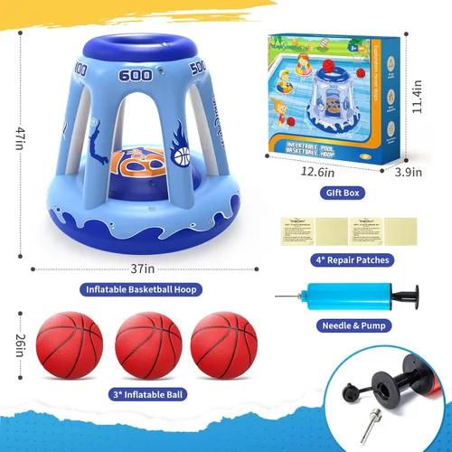 Vista 6 de EagleStone Aro inflable de baloncesto para niños y adultos, aro de baloncesto flotante de 47 pulgadas para piscina con 3 bolas, bomba, juego de agua