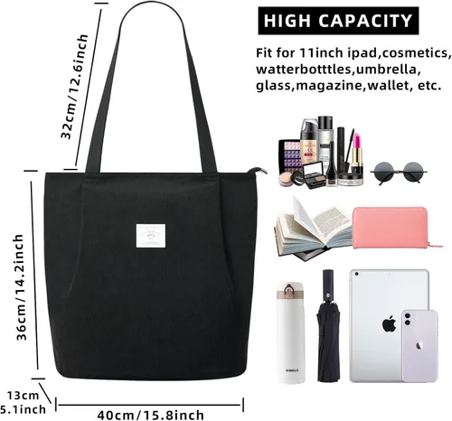 Vista 2 de KALIDI - Bolsa de pana para mujer, con cremallera, casual, de gran capacidad, con bolsillos