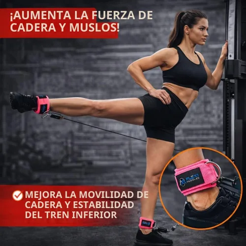 Vista 5 de Correas de tobillo Flexi MusCLES para máquinas de cable. Nuestras cómodas correas acolchadas ajustables para entrenamiento de tobillo con doble