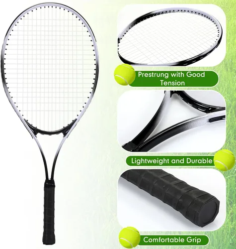 Vista 2 de Paquete de 4 raquetas de tenis para adultos, recreativas, para 4 jugadores, raquetas de tenis preencordadas de 27 pulgadas, raquetas de tenis
