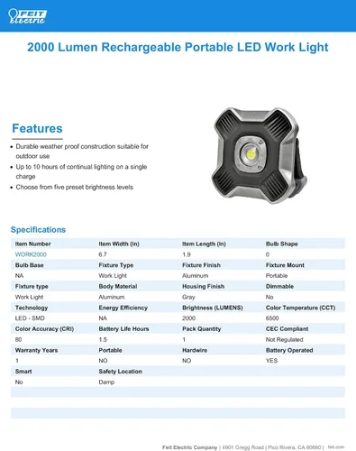 Vista 2 de Feit Electric WORK2000 - Luz de trabajo LED portátil recargable ultra brillante de 2000 lúmenes