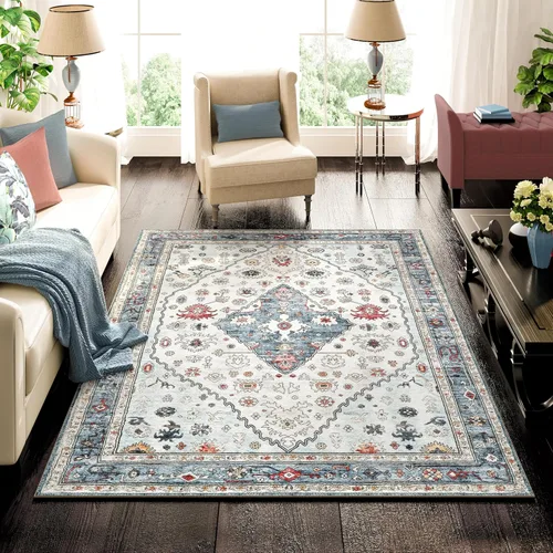 Vista 89 de Istana Alfombra larga antideslizante de 2.5 x 8 para el hogar, para pasillo y cocina, lavable, sedosa y suave al tacto, elegante, color azul y marfil