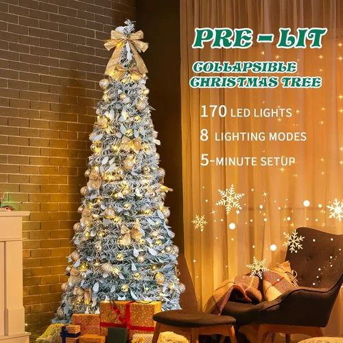 Vista 2 de Árbol de Navidad desplegable de 7 pies con luces, árbol de Navidad plegable preiluminado con 170 luces blancas cálidas y 8 modos intermitentes Verde