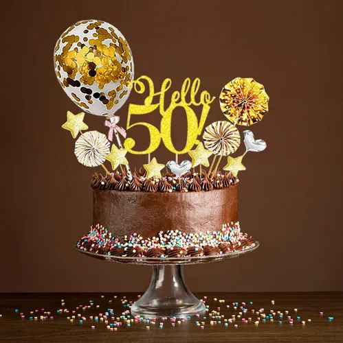 Vista 6 de Hello50 - Decoración de cumpleaños para tartas doradas, para hombres y mujeres, decoración de pastel de cumpleaños número 50