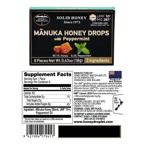 Vista 2 de Gotas de miel 100% Manuka, verdaderamente naturales de Nueva Zelanda, 2 ingredientes premium, 12 paquetes (Peppermint UMF™10+)