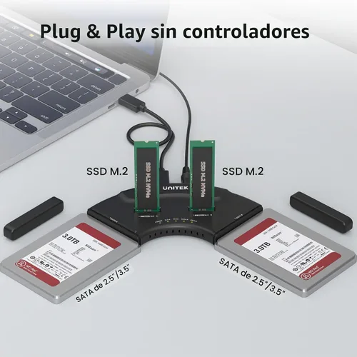Vista 5 de Unitek Adaptador USB-C de 4 bahías, 2X M.2 + 2X SATA, 10Gbps, sin Negro USB-C M.2 y 2.5/3.5