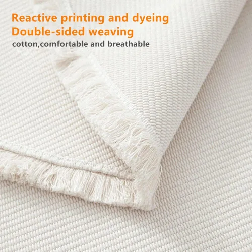 Vista 3 de Poowe Alfombra redonda de algodón tejida con borlas, lavable para sala de estar, dormitorio, cocina, baño (azul flor)