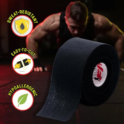 Vista 6 de Cinta atlética negra extremadamente resistente: 3 rollos + 1 rollo de dedo. Fácil de aplicar y sin residuos. Cinta deportiva atlética para boxeo