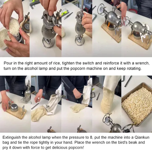 Vista 9 de Máquina de palomitas de maíz, máquina de palomitas de maíz, cañón de palomitas de maíz de mano de acero inoxidable 304, máquina de palomitas de maíz