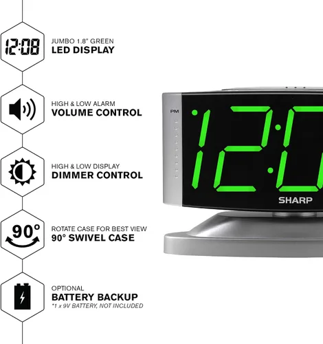 Vista 3 de Sharp Reloj despertador digital con base giratoria, LED verde, atenuador Led verde - caja plateada