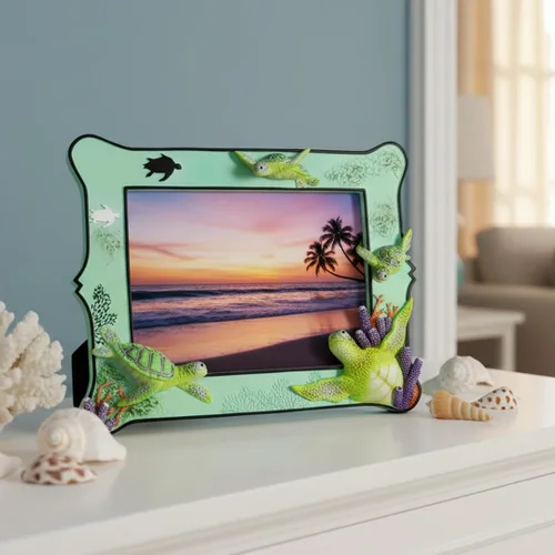 Vista 7 de Marco de fotos decorativo de resina de tortuga marina de 6 x 8 pulgadas para mesa. Decoración del hogar con diseño de tortuga marina del océano.