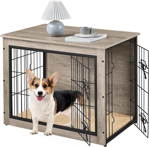 Vista 10 de Yaheetech 32" Mesa auxiliar de jaula para perros con cojín, jaula de madera para perros con puertas dobles/pies ajustables, mesa auxiliar lateral
