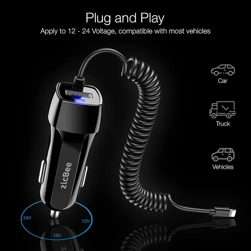 Vista 2 de Cargador de coche para iPhone, 3.6A/18W, cable en espiral integrado de 4.9 pies, adaptador de enchufe de encendedor de cigarrillos de carga rápida