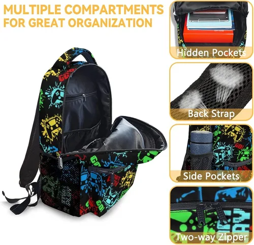 Vista 6 de Mercuryelf Mochila de juegos para niños y niñas, mochilas negras de 16 pulgadas para viajes escolares, bolsa ligera de moda para niños, Gamepad-1