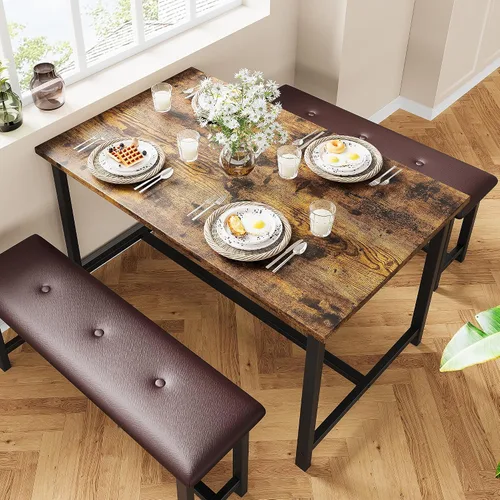 Vista 2 de GAOMON Juego de mesa de comedor para 4, mesa de cocina con bancos, juego de mesa de comedor rectangular con 2 bancos tapizados, juego de mesa