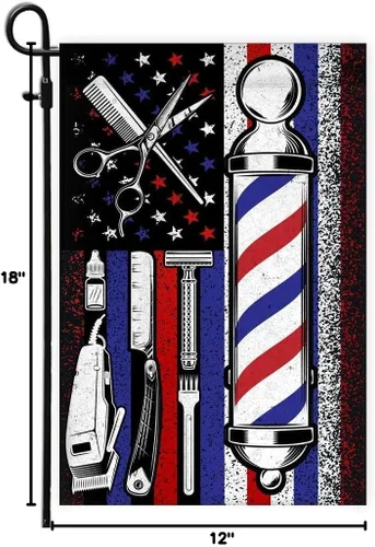 Vista 4 de Bandera de peluquero orgulloso para peluquero y estilista (12 x 18 pulgadas), bandera de jardín de Estados Unidos de alta calidad, banderas