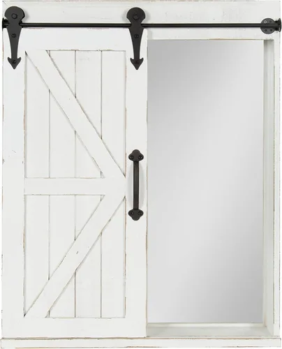Vista 9 de Kate and Laurel Cates - Armario decorativo de madera para almacenamiento de pared con espejo rectangular y puerta corrediza de granero, 22 x 28 Gris