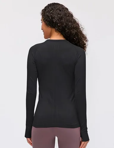 Vista 6 de Camiseta sin costuras para mujer, de manga larga, perfecta para yoga, gimnasio, para deportes y fitness, ajuste entallado