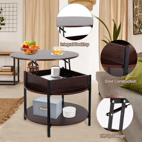 Vista 3 de FAHKNS Mesa auxiliar redonda con parte superior elevable con almacenamiento y compartimento oculto, mesa circular de dos niveles de 26.77 pulgadas