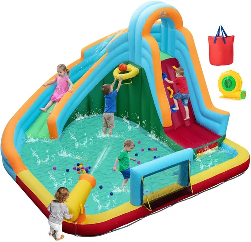 Vista 10 de Boundtech - Casa inflable para saltar, para usar en la alberca, con dos toboganes, pared de escalada, aro de baloncesto, alberca para sambullirse