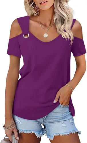 Vista 14 de Minetom - Camisetas básicas de verano para mujer, de manga corta, con hombros descubiertos y cuello en V