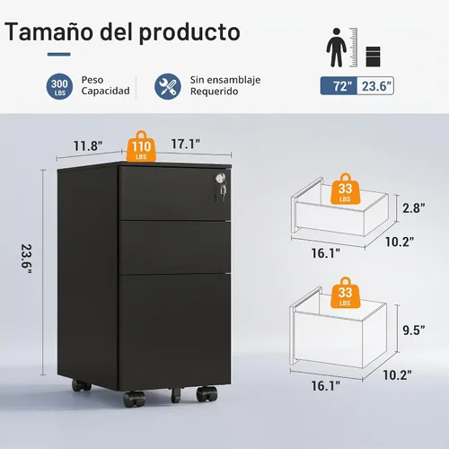 Vista 3 de DEVAISE 3 Drawer File Cabinet with Lock, Fully Assembled Except Casters Negro