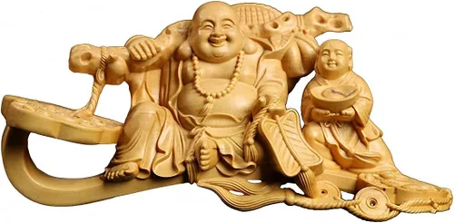 Vista 7 de Estatua de Buda Maitreya Maitreya tallada a mano de boj natural (ventilador de bolsa de tela)
