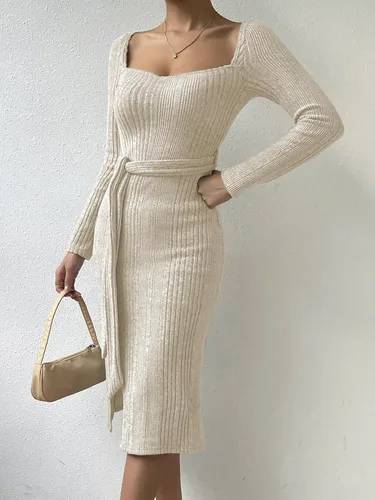 Vista 3 de MakeMeChic Elegante vestido de suéter ajustado de manga larga con cuello cuadrado y cinturón acanalado para mujer