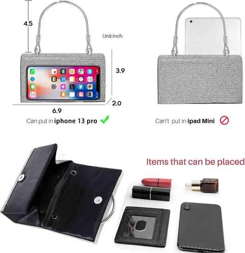Vista 5 de Yokawe Bolso de mano con diamantes de imitación para mujer bolso de noche con cristales brillantes para bodas fiestas bailes cócteles