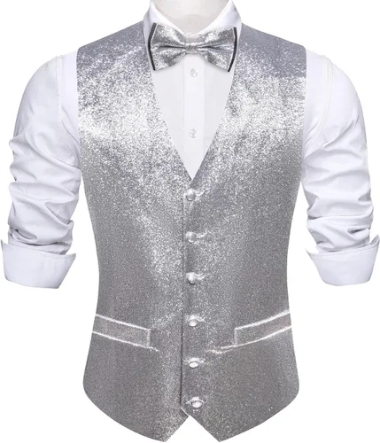 Vista 2 de Barry.Wang Chaleco brillante para hombre, cuello en V, ajuste delgado, chaleco con corbatín, conjunto de fiesta, graduación, esmoquin, formal, casual
