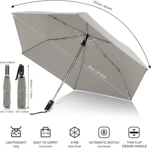 Vista 23 de LEAGERA Paraguas de viaje compacto para bolso, mango plano, impermeable para lluvia ligera