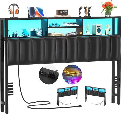 Vista 11 de Cabecero Aheaplus para Cama Individual con Almacenamiento, Cabeceros con Enchufes, Puertos USB y Luz LED, Cabecero Individual Solo, Altura