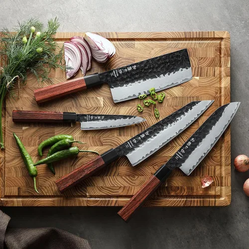 Vista 9 de Juego de cuchillos de cocina 4 piezas, cuchillo de chef de acero revestido Nakiri forjado Santoku, mango octogonal de madera