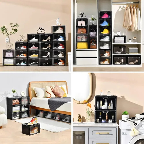 Vista 5 de Amllas Paquete de 8 cajas de zapatos de plástico negro apilables, organizador de almacenamiento de zapatos grande, contenedores de zapatos