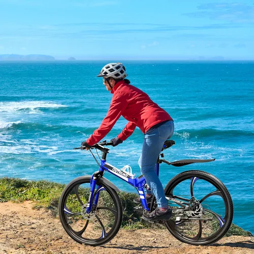 Vista 9 de Outroad - Bicicleta de montaña plegable de 26 pulgadas, 21 velocidades, suspensión completa, bicicleta MTB de acero de alto carbono plegable, freno