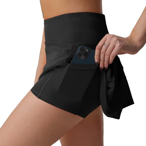 Vista 3 de Husnainna Falda pantalón plisada de cintura alta con bolsillos para tenis y golf para mujer, pantalones cortos incorporados para el entrenamiento