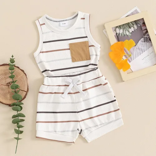 Vista 73 de Ropa de bebé niño sin mangas + pantalones cortos con estampado a rayas con bolsillos, 2 piezas de trajes de verano