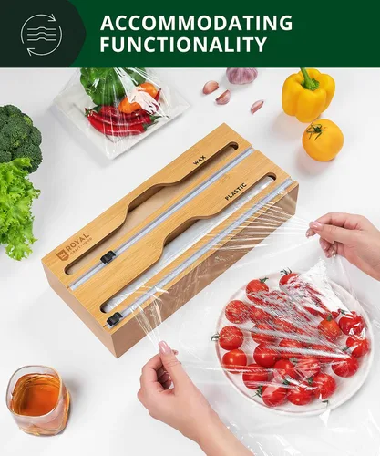 Vista 5 de ROYAL CRAFT WOOD Papel de cocina de bambú y organizador de plástico para cajón con cortador de 2 ranuras