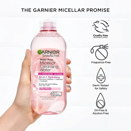 Vista 6 de Garnier Agua micelar con agua de rosas y glicerina, limpiador facial hidratante y desmaquillante, para todo tipo de piel, vegano, libre de crueldad