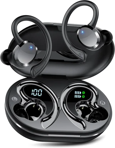 Vista 8 de hadbleng Auriculares inalámbricos con Bluetooth con pantalla digital LED de 128 horas de reproducción, gancho sobre la oreja con micrófono, sonido