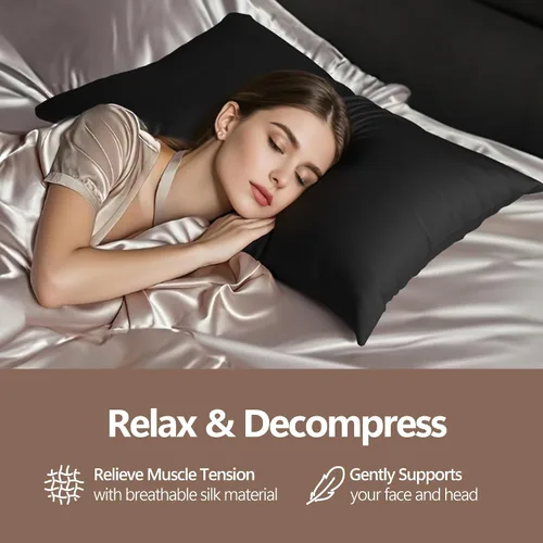 Vista 2 de Fundas de almohada de seda King - Funda de almohada de lujo 6A 100% seda de morera para cabello y piel, antiarrugas, refrescantes y suaves Negro