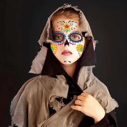 Vista 5 de 9 hojas de tatuajes temporales para el Día de los Muertos Día de los Muertos, tatuaje temporal de La Catrina, tatuaje falso de calavera para mujeres