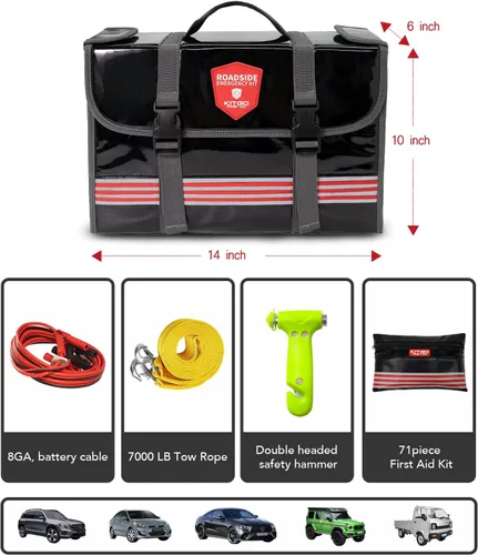 Vista 6 de Kit de emergencia para automóvil (126 piezas), regalo para padre, mujer, amigo, esencial de asistencia en carretera de primera calidad con cables