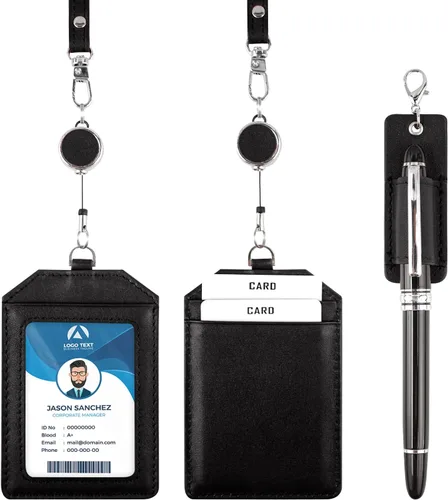 Vista 3 de boshiho - Soporte para tarjetas de identificación de crédito de piel auténtica con cordón elástico para el cuello, estilo vertical (negro)