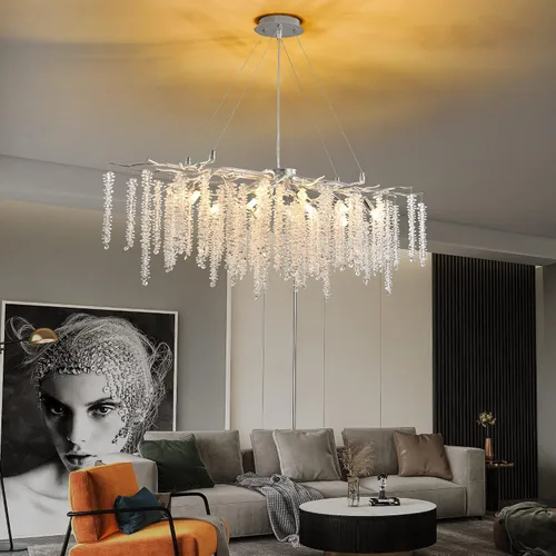 Vista 8 de Candelabro Rectangular Moderno de Ramas de Árbol de Cristal, L40'' Plata Lineal Art Deco Gota de Lluvia Lámpara Colgante Interior para Isla